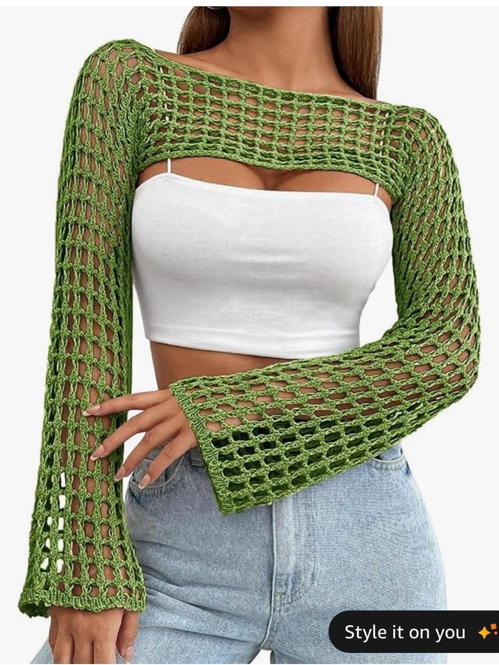 Green Crochet Open-Knit Shrug Bolero for Women